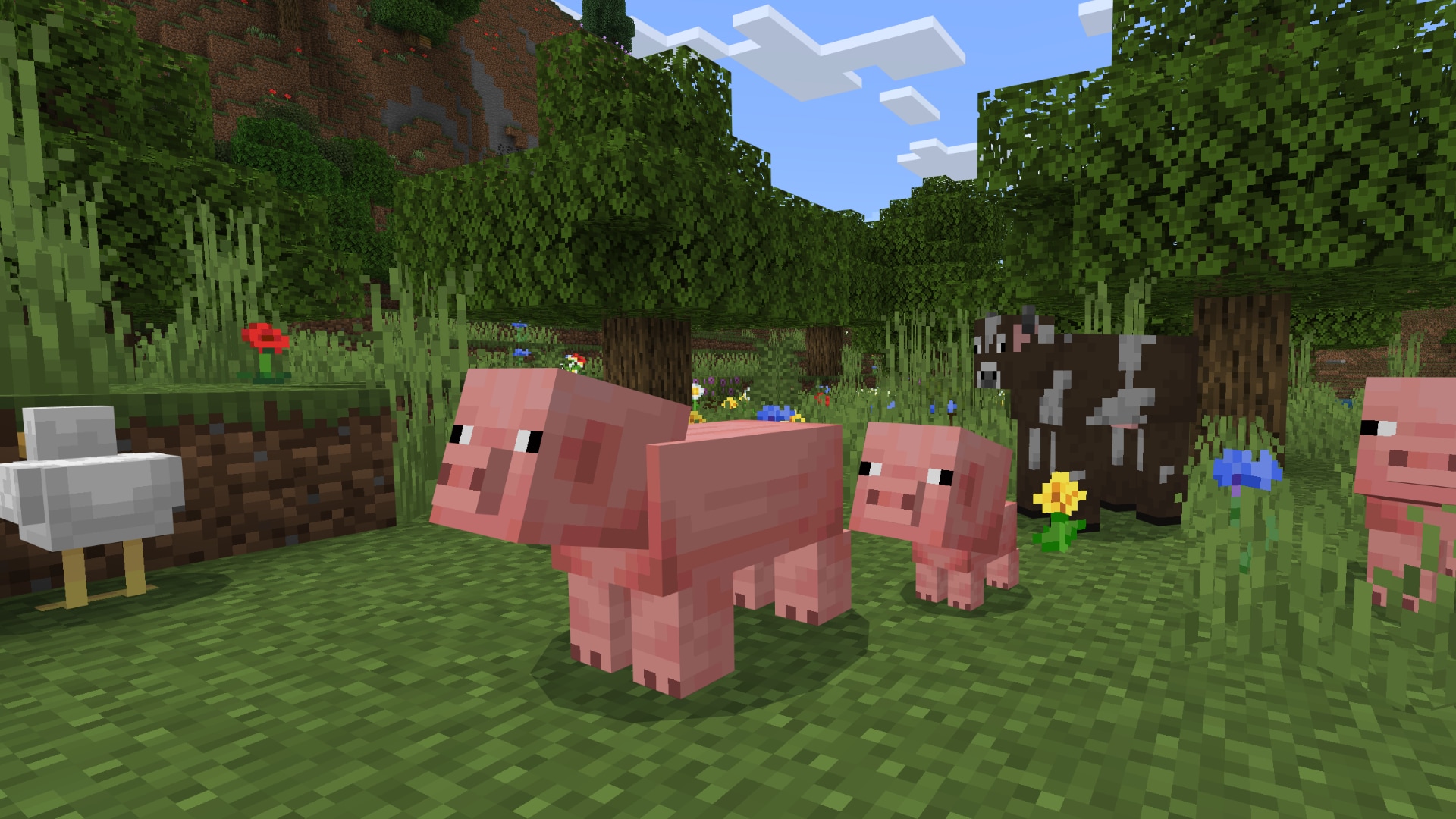 Minecraft pig, baby pig, chicken, and cow stand in a lush pasture surrounded by gras, flowers, and big trees