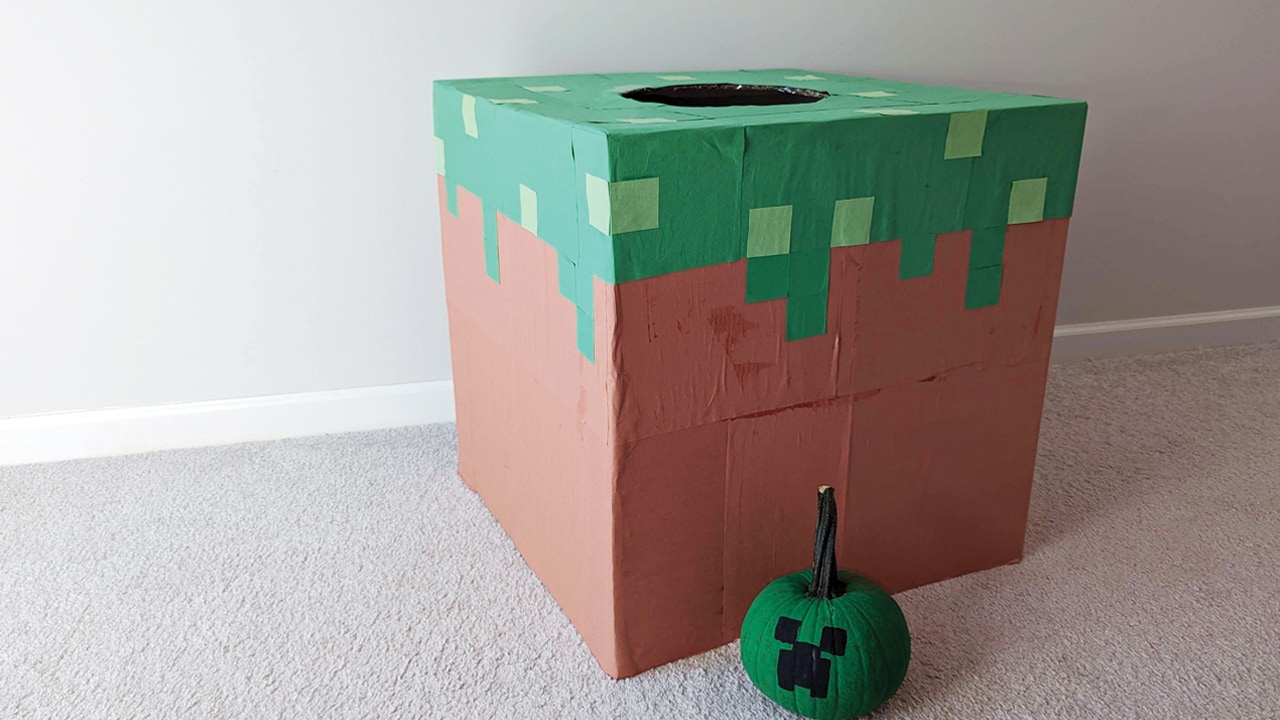 Photo of a cardboard box painted like a grass block in Minecraft