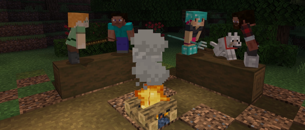 Minecraft Alex, Steve, and two friends sitting around a camp fire on log benches with a pet dog wearing a red collar