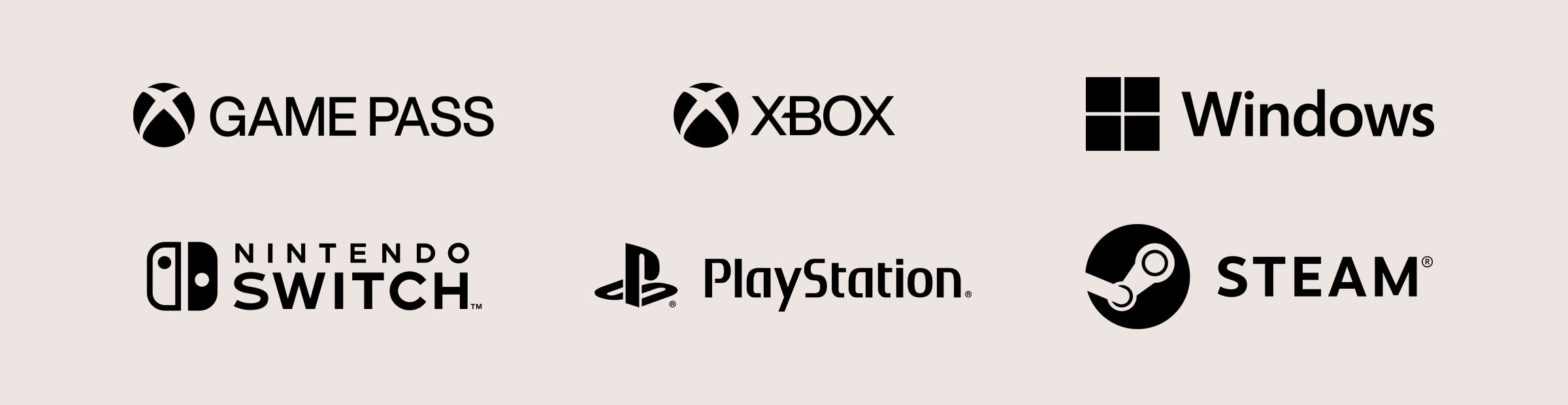 Gaming platform logos - Game Pass, Xbox, Windows, Switch, PlayStation and Steam.