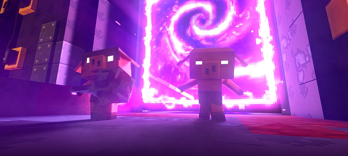 Two menacing piglins standing in front of a Nether portal