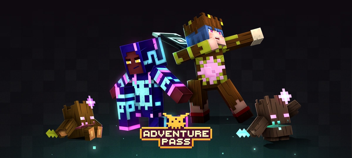 Two adventurers with their pets are wearing Luminous Night skins behind the Adventure Pass logo