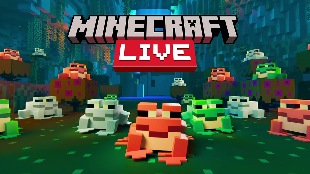 Image of multiple frogs of various colors from Minecraft with the words Minecraft Live in the top center