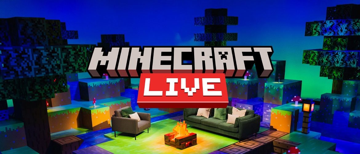 Photo of a stage setup with blocky items and furniture, like from the game Minecraft, surrounding a faux campfire, with the words Minecraft Live centered